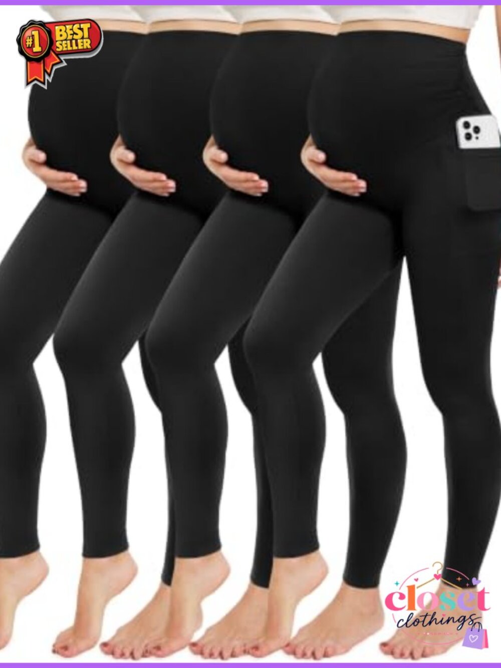 4 Pack Maternity Leggings Over Belly Pockets 92% Polyester 8% Spandex Soft